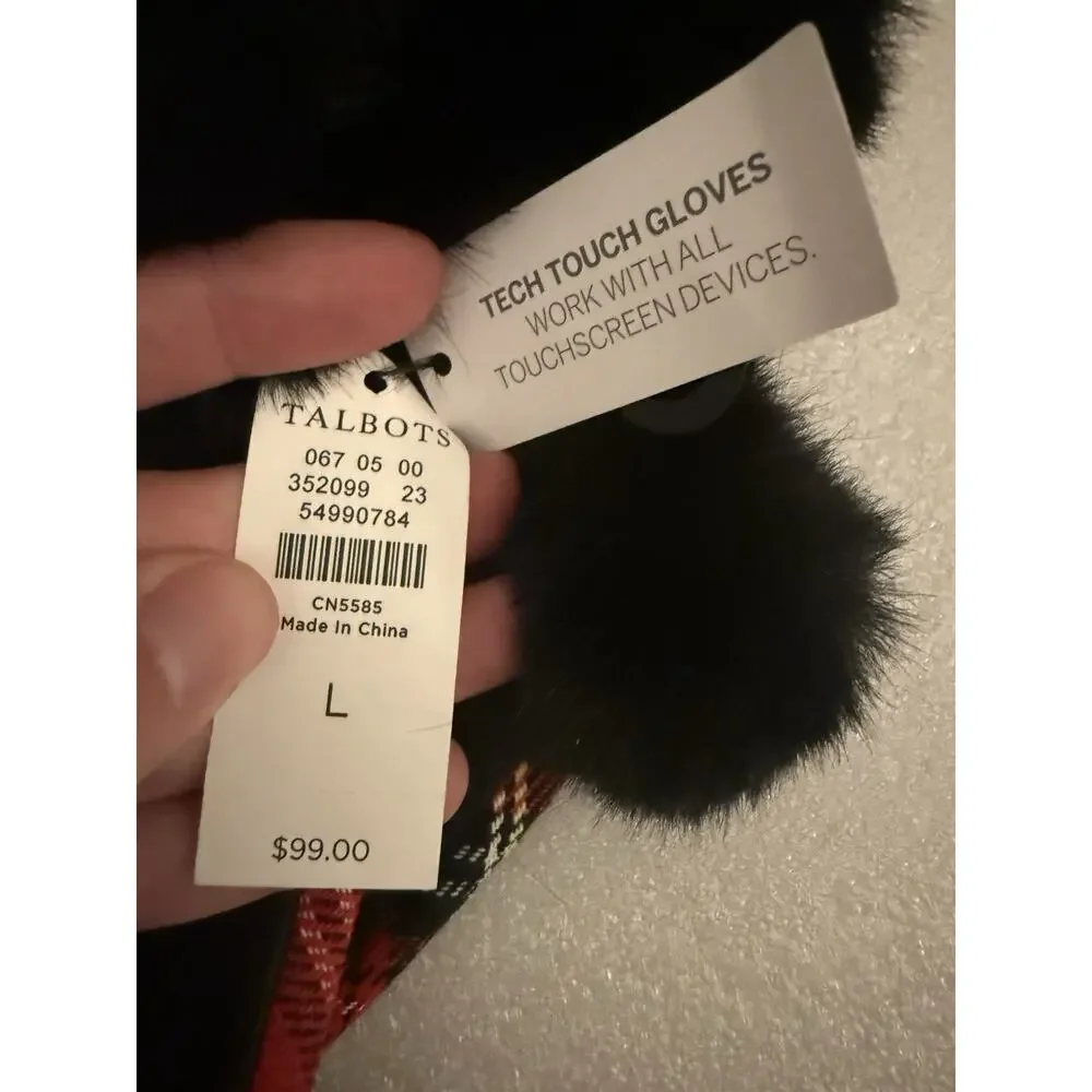 NWT Talbots Red Tartan Plaid Gloves Leather Faux Fur Wool Cashmere L
